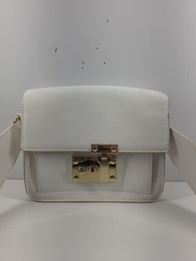 White Leather Crossbody Bag with Gold Lock